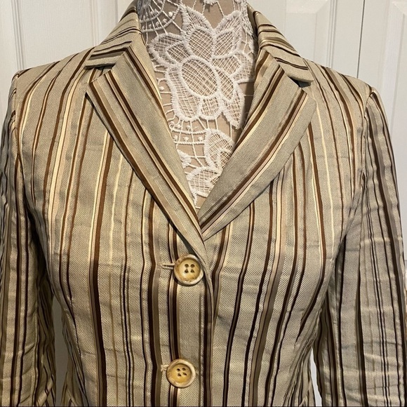 Lafayette 148 gold brown natural Blazer Linen Blend front buttons 3/4 sleeve 2 - Picture 4 of 14